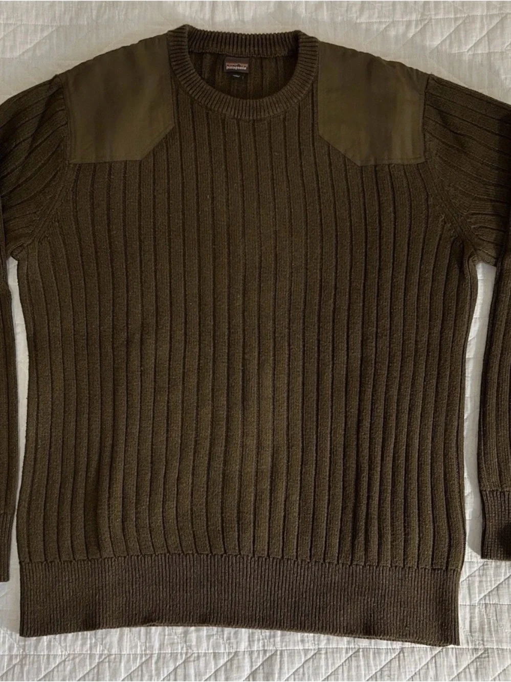 Patagonia Olive Rib-Knit Crewneck Sweater with Shoulder Panels